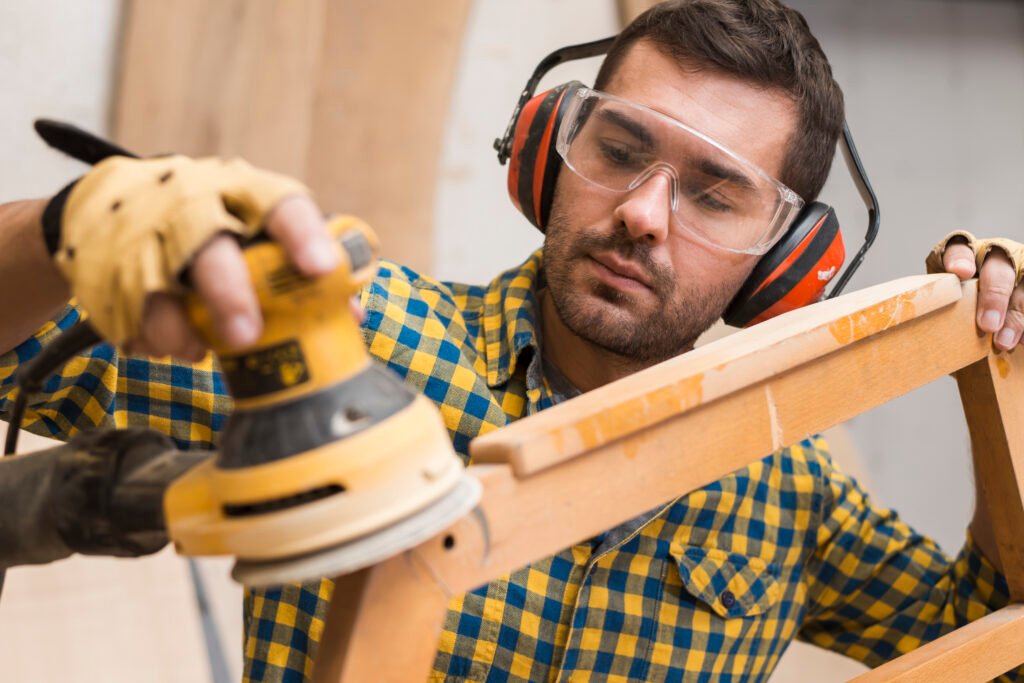 carpenter softening edges wooden furniture with electric sander