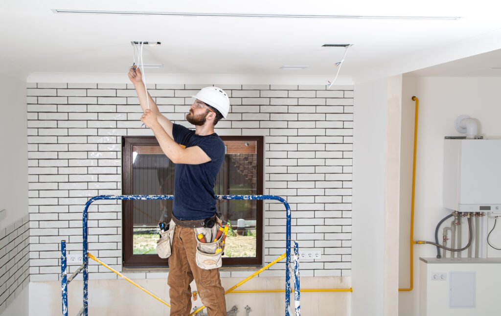 electrician builder at work, installation of lamps at height.