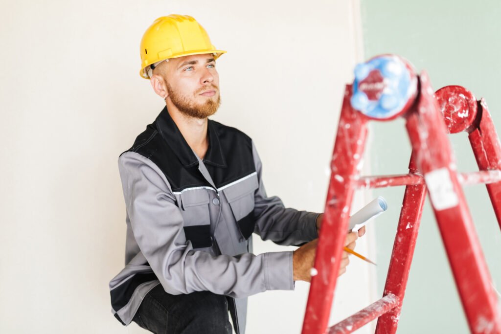 young engineer in work clothes and yellow hardhat thoughtfully l